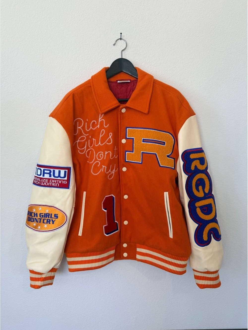 Rich Girls Don’t Cry Varsity Jacket Large Orange Cream Chenille Patches